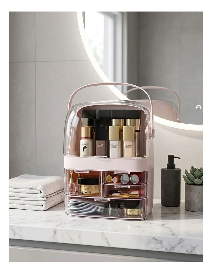 SOGA 2X 3 Tier Pink Makeup Cosmetic Storage Organiser Box with Handle image 5