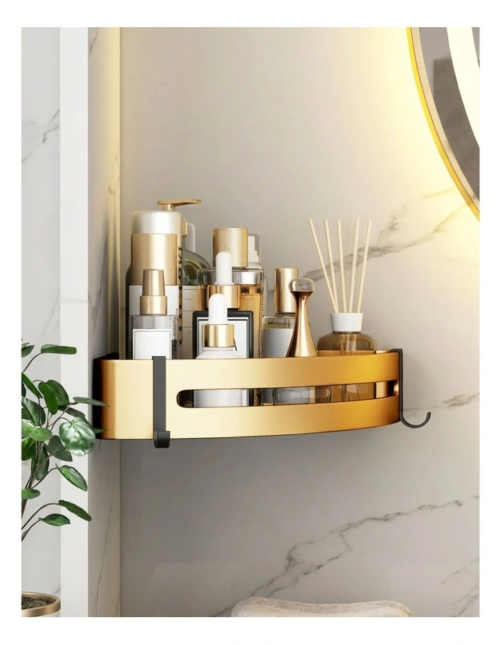 SOGA Gold Bathroom Corner Shelf Rack with Hooks Wall Mounted image 3