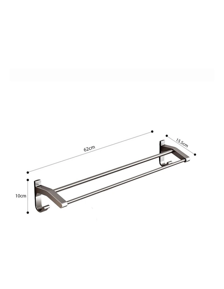 SOGA Double Towel Rails 2 Pack 62cm Grey with Hooks image 2