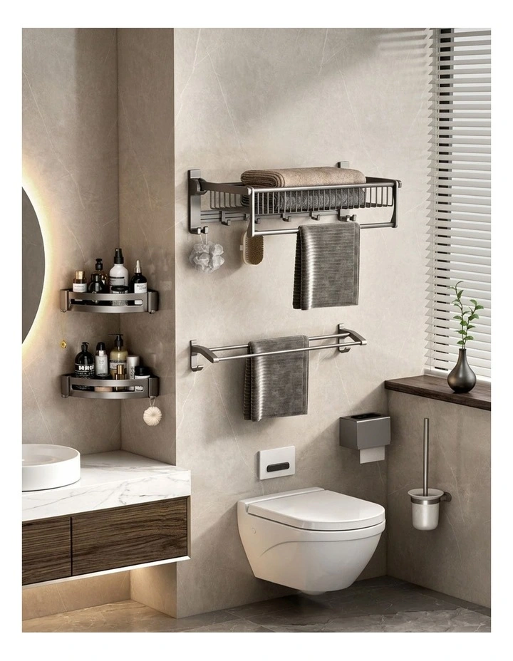 SOGA Double Towel Rails 2 Pack 61cm Grey with Hooks image 3