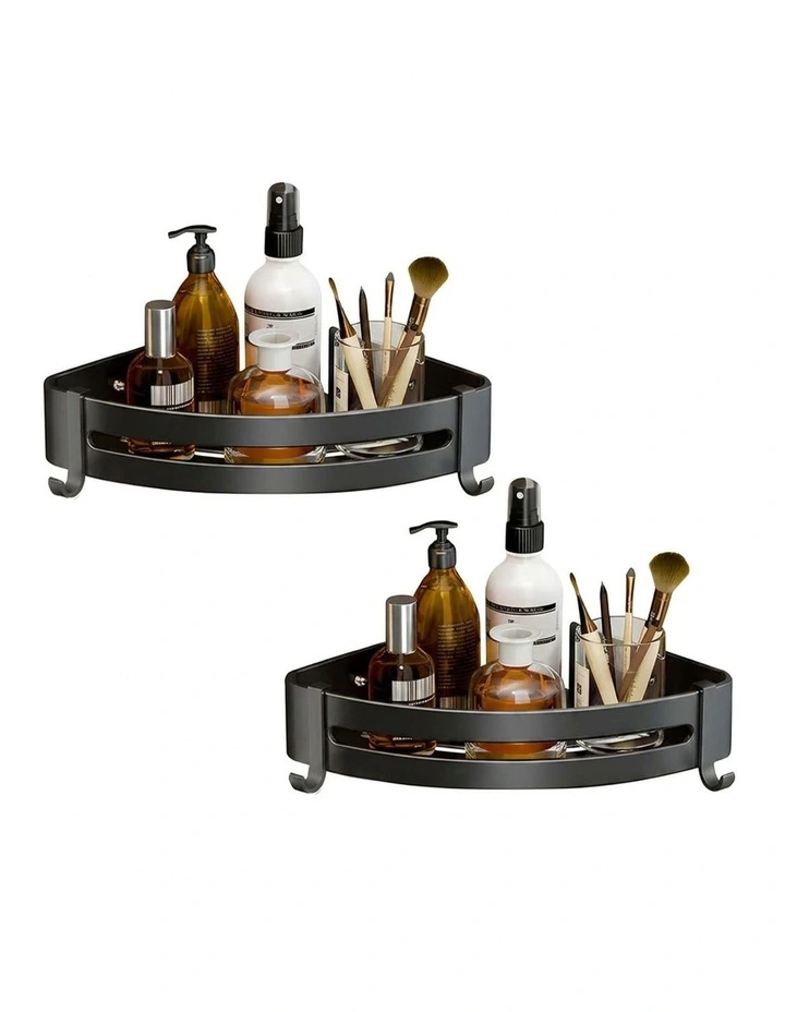 SOGA 2X Black Bathroom Corner Shelf Rack with Hooks Wall Mounted image 1