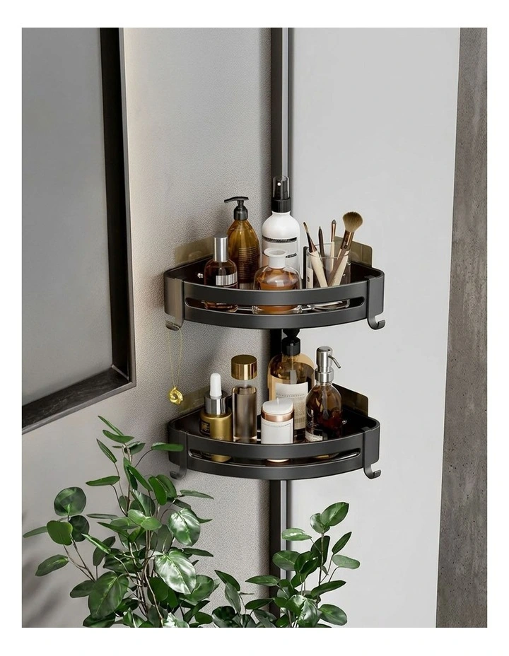 SOGA 2X Black Bathroom Corner Shelf Rack with Hooks Wall Mounted image 3