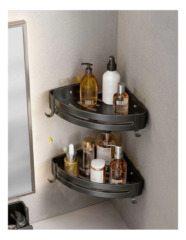 SOGA 2X Black Bathroom Corner Shelf Rack with Hooks Wall Mounted image 4