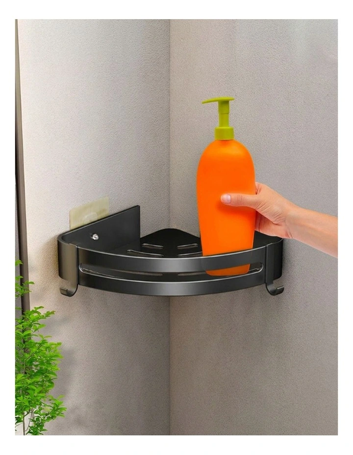 SOGA 2X Black Bathroom Corner Shelf Rack with Hooks Wall Mounted image 5
