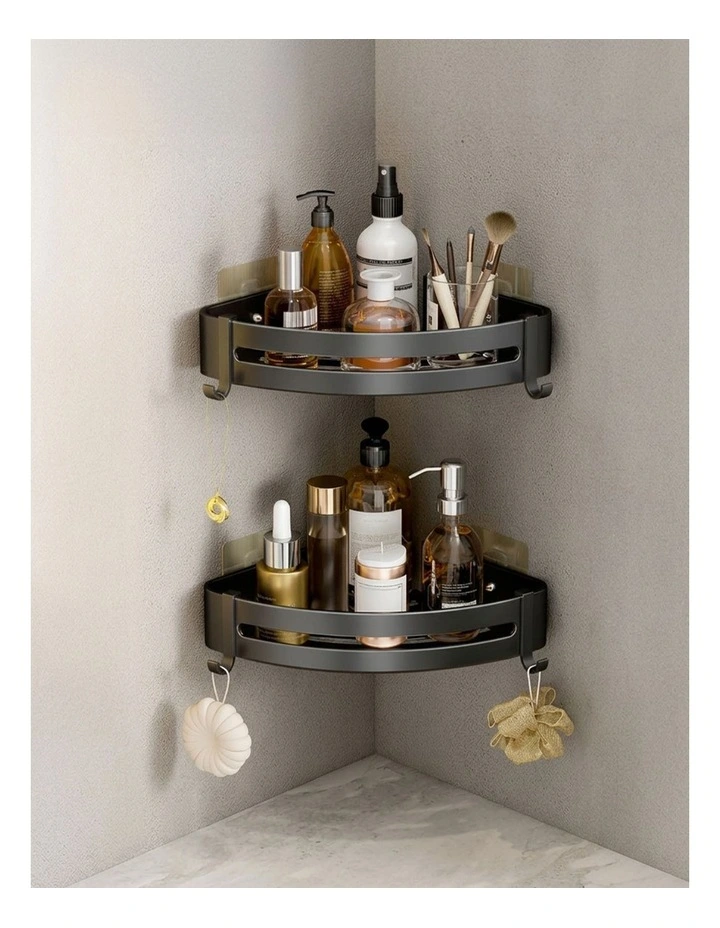 SOGA 2X Black Bathroom Corner Shelf Rack with Hooks Wall Mounted image 6