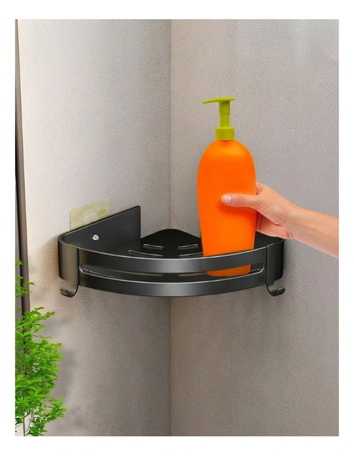 SOGA Black Bathroom Corner Shelf Rack with Hooks Wall Mounted image 5