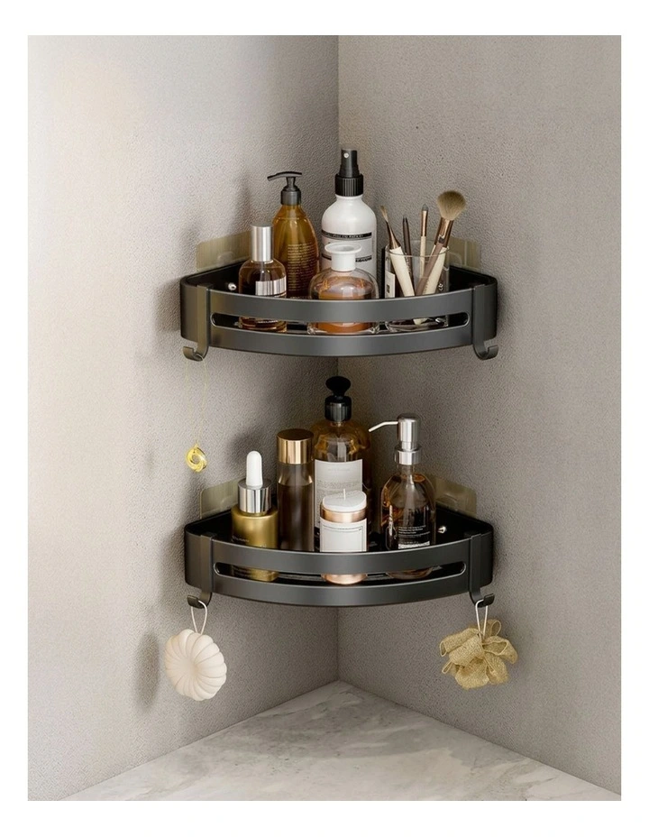 SOGA Black Bathroom Corner Shelf Rack with Hooks Wall Mounted image 6