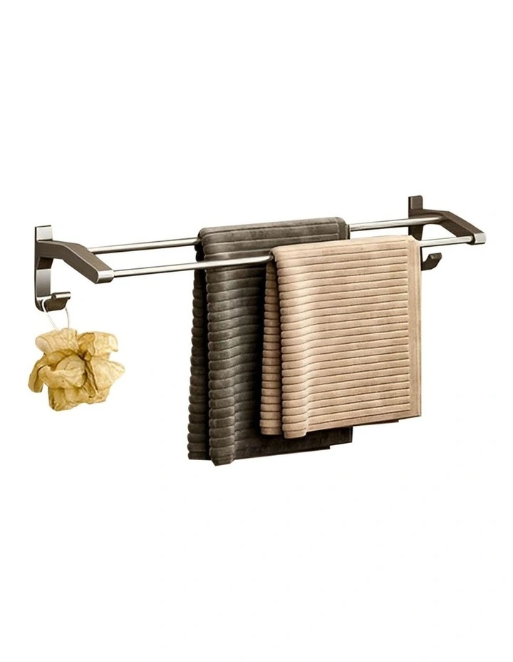 SOGA Double Towel Rail 62cm Grey with Hooks image 1