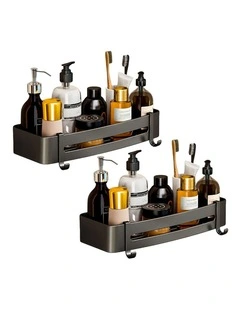 SOGA 2X Black Bathroom Shelf Rack with Hooks Wall Mounted