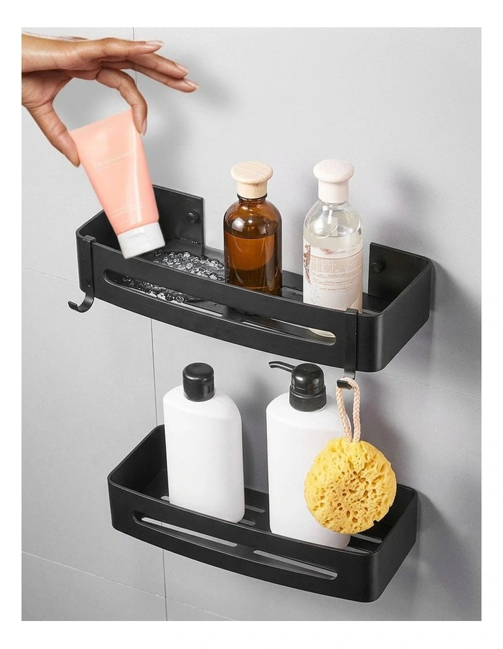 SOGA 2X Black Bathroom Shelf Rack with Hooks Wall Mounted image 7