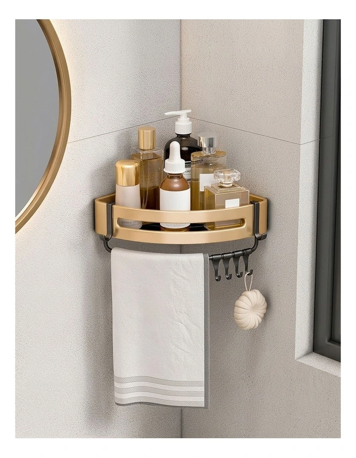 SOGA 2X Gold Bathroom Corner Shelf Rack with Hooks Wall Mounted image 4