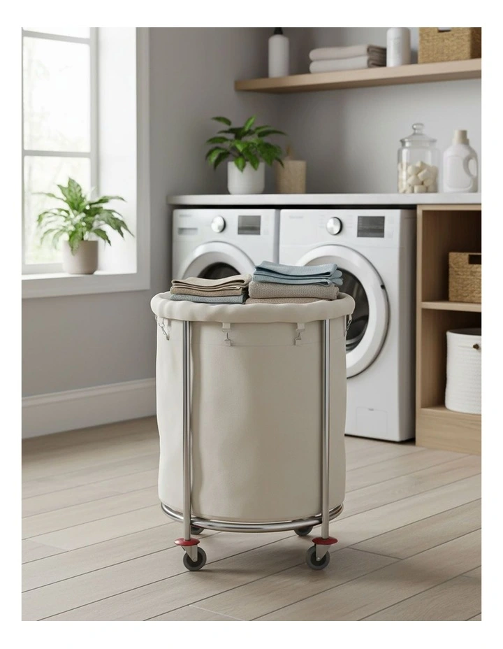 SOGA 60cm Stainless Steel Round Commercial Laundry Trolley with Wheels - White image 2