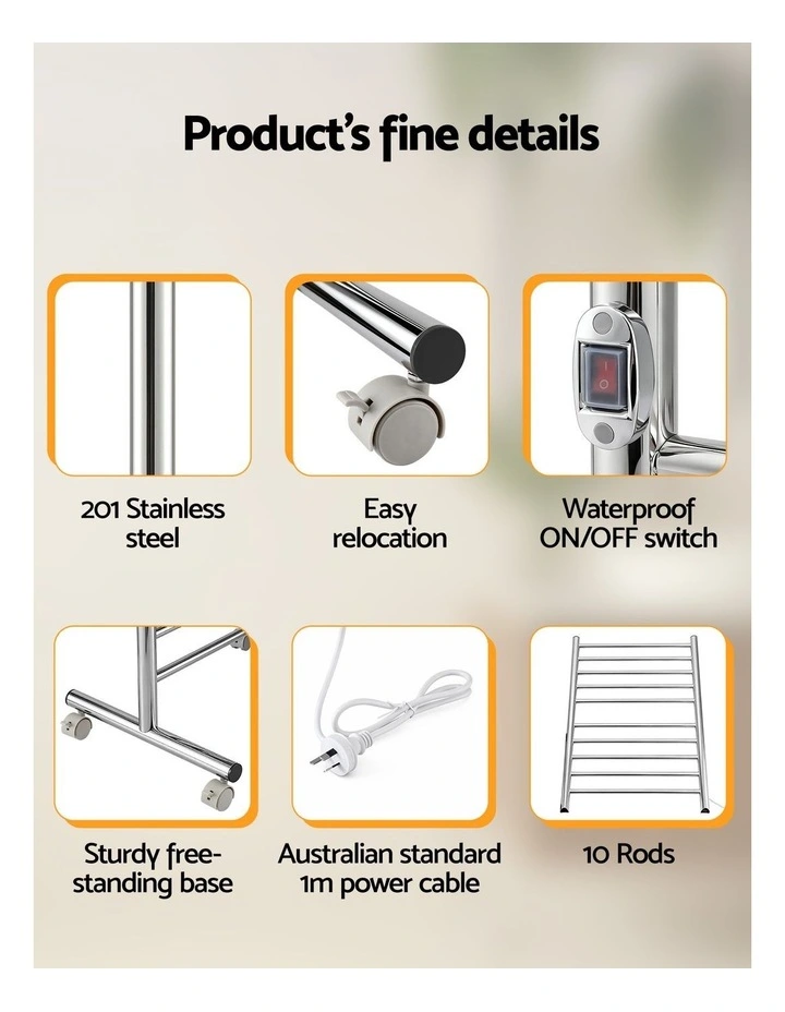 Devanti 10-Bar Heated Towel Rail Freestanding Electric Towel Warmer Stainless Steel 100W image 6