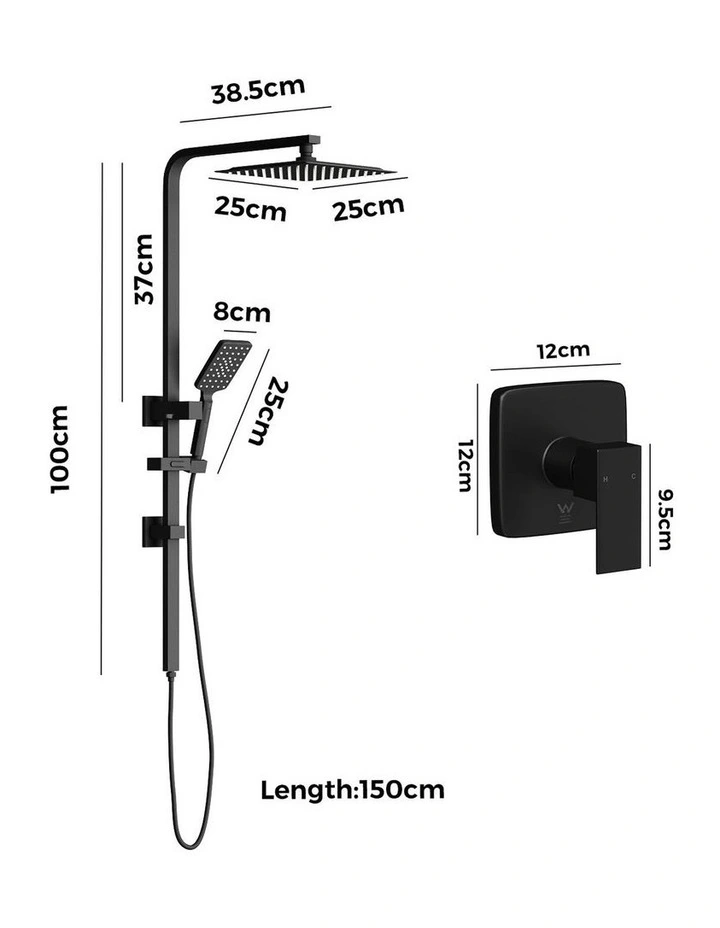 WELS 10 Rain Shower Head Set Square Handheld With Shower Mixer Tap Black image 3