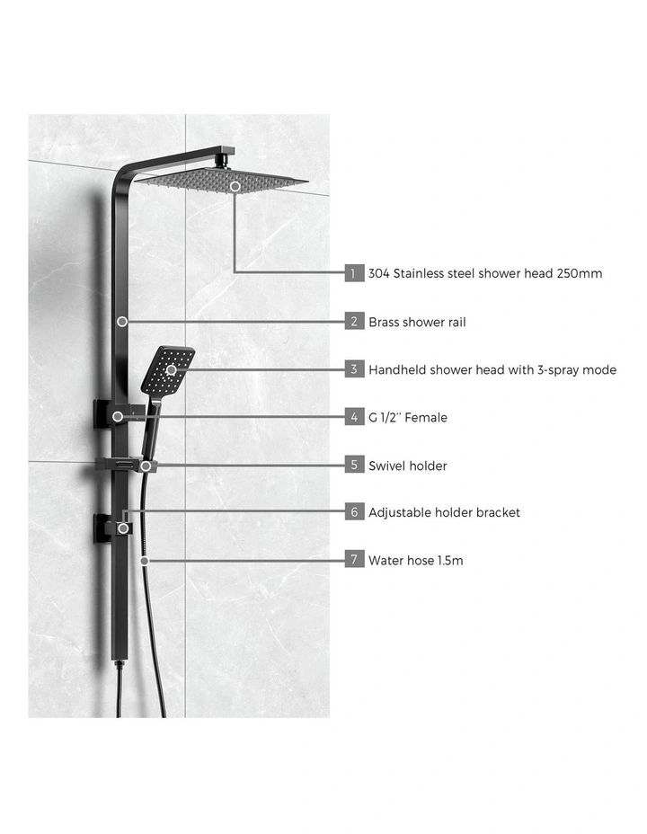WELS 10 Rain Shower Head Set Square Handheld With Shower Mixer Tap Black image 6
