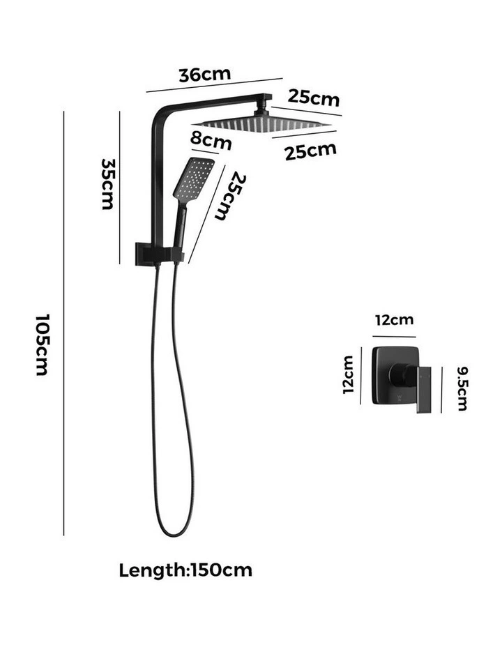 WELS 10 Rain Shower Head Set With Mixer Square 3-Mode Handheld Shower Black image 3