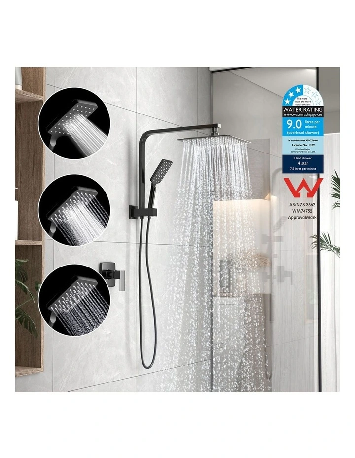 WELS 10 Rain Shower Head Set With Mixer Square 3-Mode Handheld Shower Black image 5