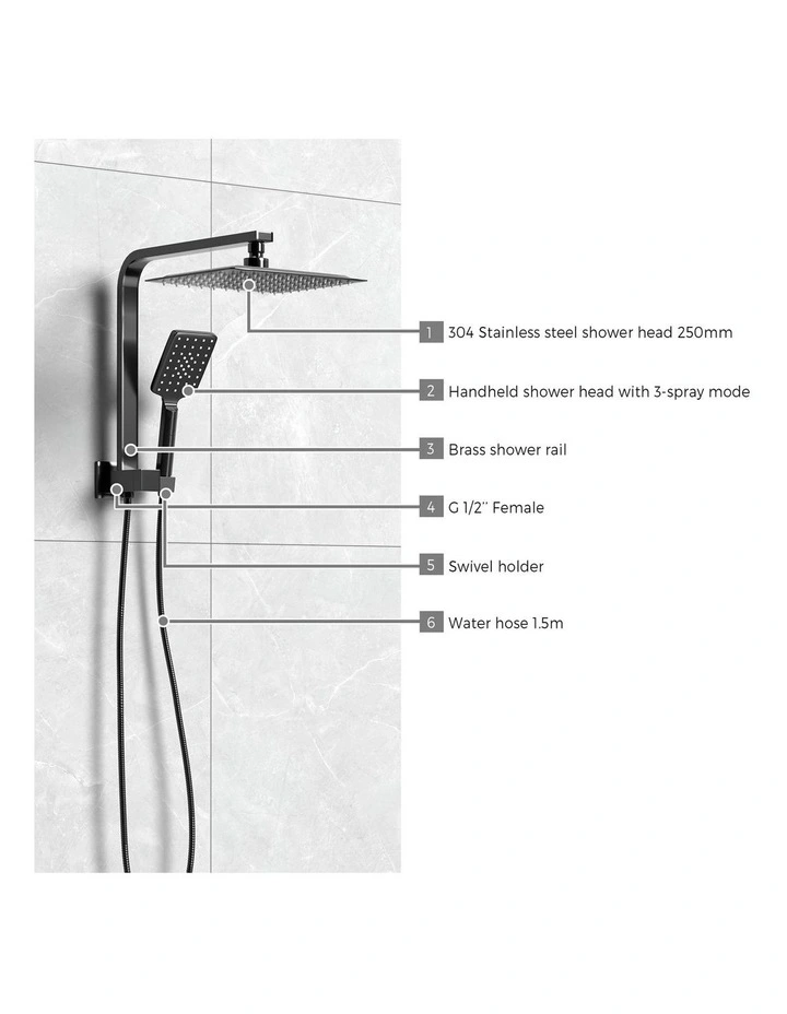 WELS 10 Rain Shower Head Set With Mixer Square 3-Mode Handheld Shower Black image 6