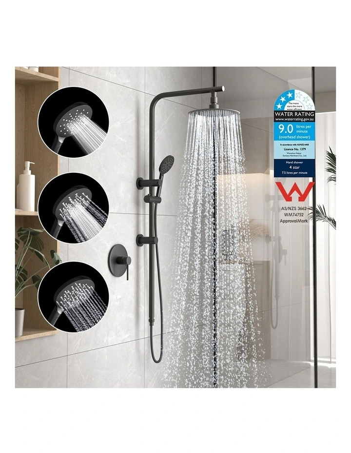 WELS 10 Rain Shower Head Set Round 3-Mode Handheld Shower Rail Set Black image 5