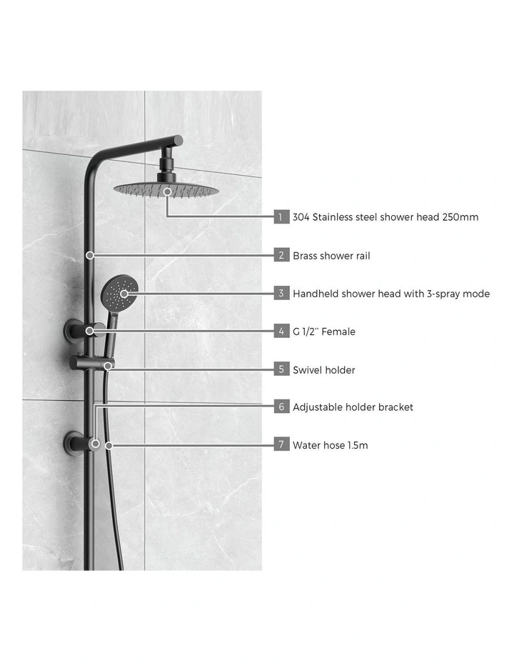 WELS 10 Rain Shower Head Set Round 3-Mode Handheld Shower Rail Set Black image 6