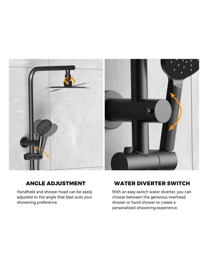 WELS 10 Rain Shower Head Set Round 3-Mode Handheld Shower Rail Set Black image 7