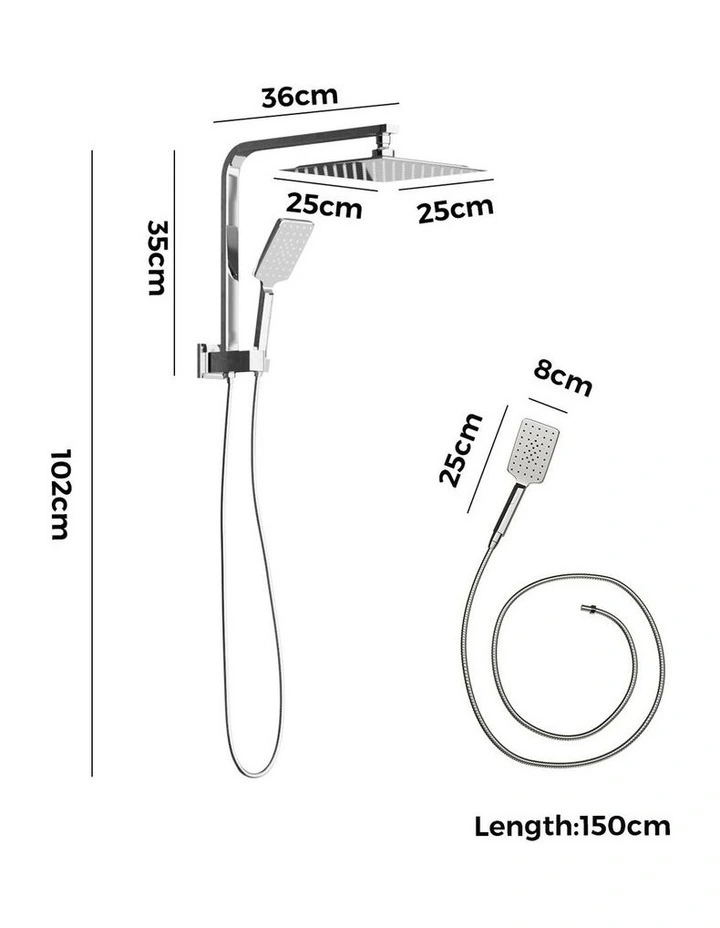 WELS 10 Rain Shower Head Set Square 3-Mode Handheld Shower Gooseneck Chrome image 3