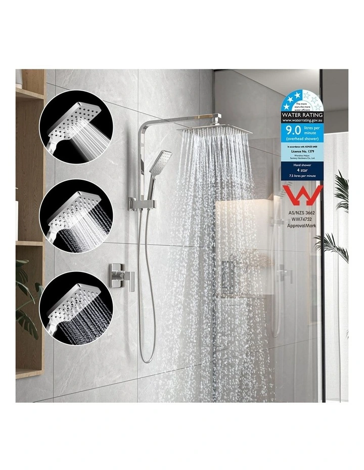 WELS 10 Rain Shower Head Set Square 3-Mode Handheld Shower Gooseneck Chrome image 5