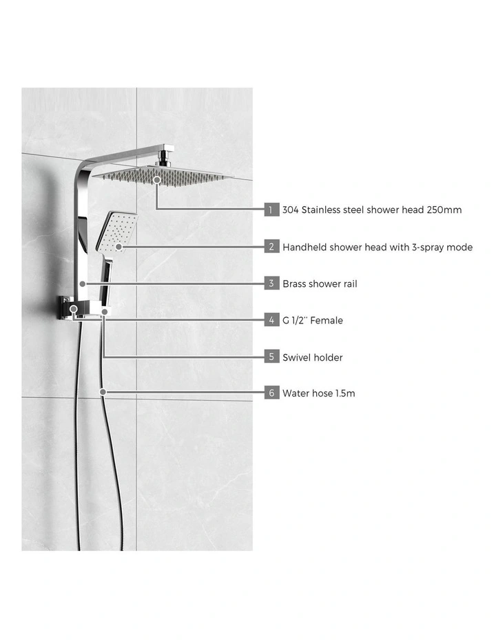 WELS 10 Rain Shower Head Set Square 3-Mode Handheld Shower Gooseneck Chrome image 6