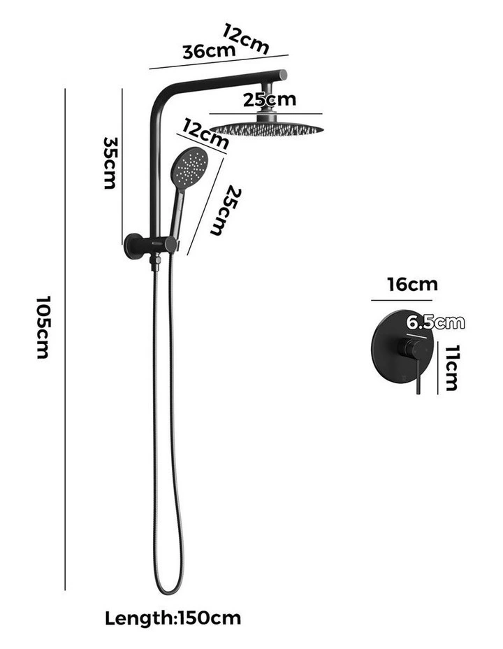 WELS 10 Rain Shower Head Set With Mixer Round 3-Mode Handheld Shower Black image 3