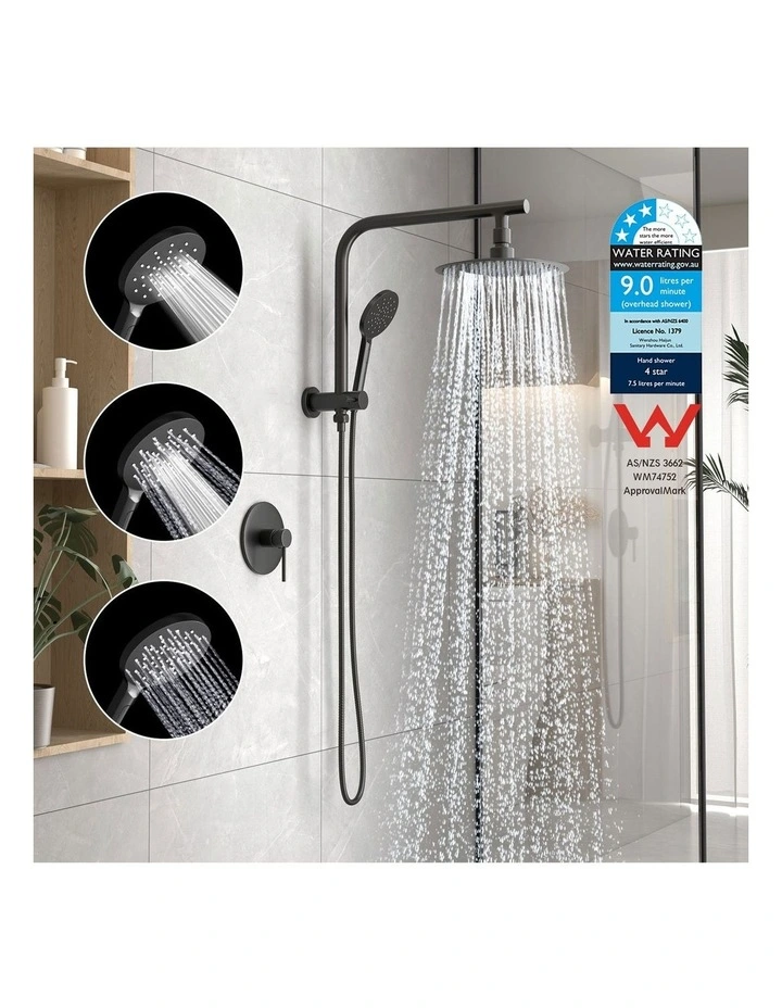 WELS 10 Rain Shower Head Set With Mixer Round 3-Mode Handheld Shower Black image 5