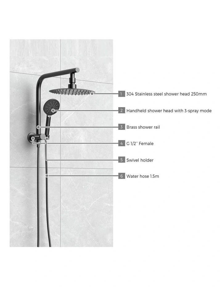 WELS 10 Rain Shower Head Set With Mixer Round 3-Mode Handheld Shower Black image 6