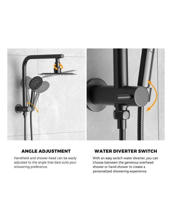 WELS 10 Rain Shower Head Set With Mixer Round 3-Mode Handheld Shower Black image 7