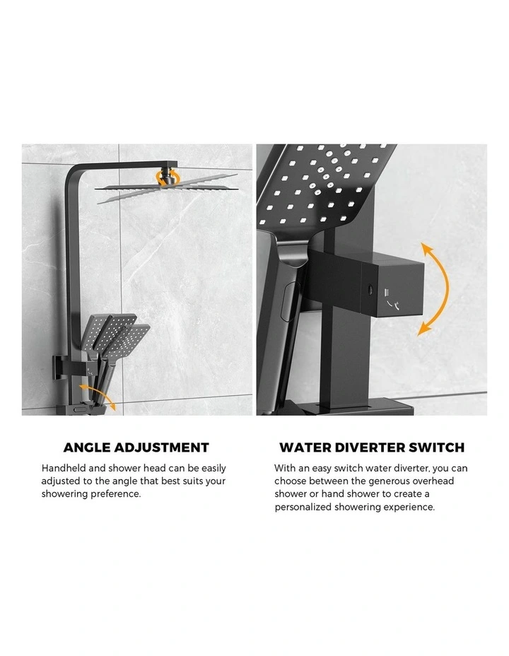 WELS 10 Rain Shower Head Set Square 3-Mode Handheld Shower Rail Set Black image 7