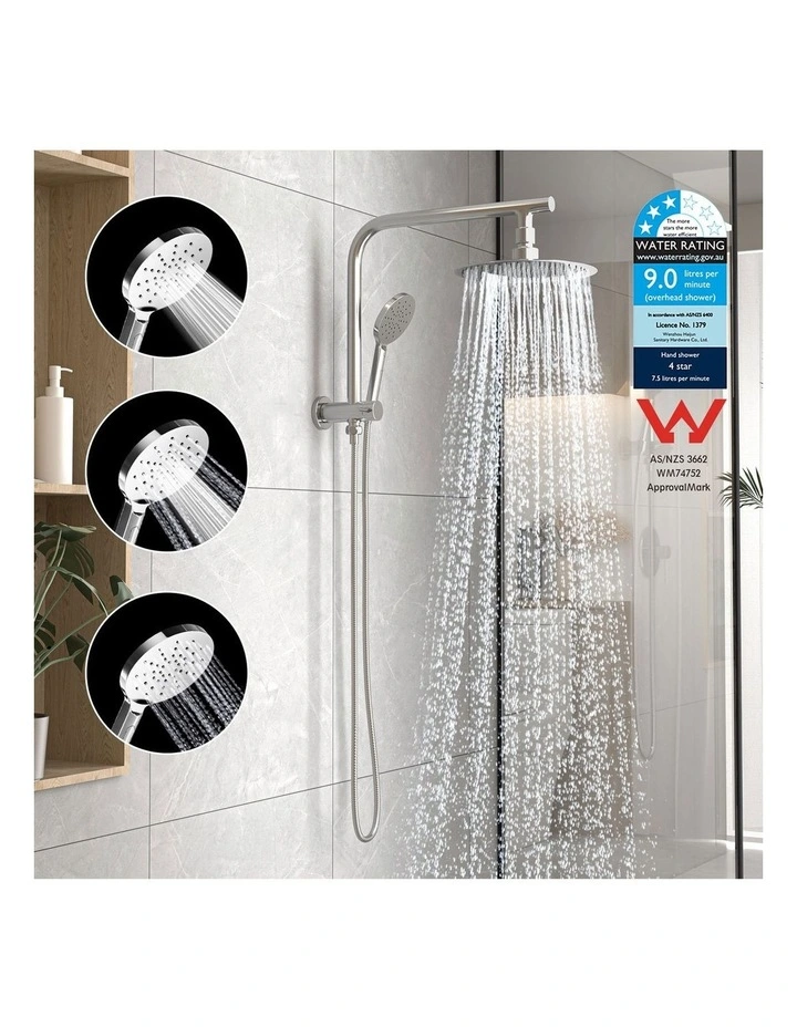 WELS 10 Rain Shower Head Set Round 3-Mode Handheld Shower Gooseneck Chrome image 5