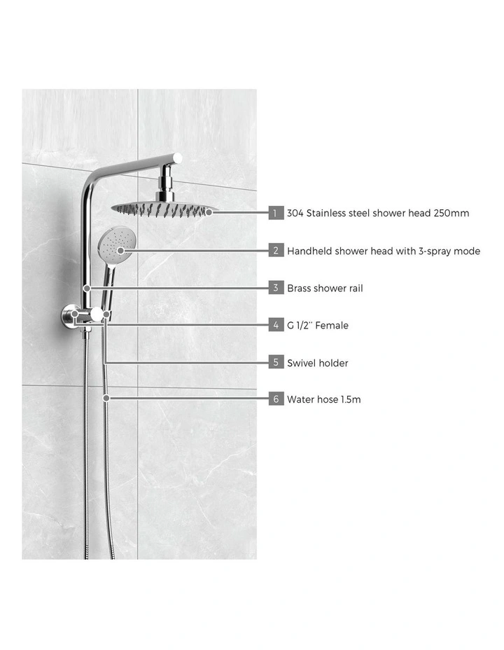 WELS 10 Rain Shower Head Set Round 3-Mode Handheld Shower Gooseneck Chrome image 6