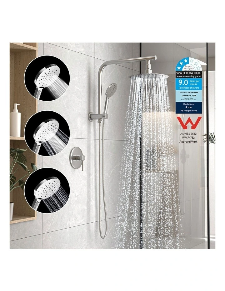 WELS 10 Rain Shower Head Set With Mixer Round 3-Mode Handheld Shower Chrome image 5