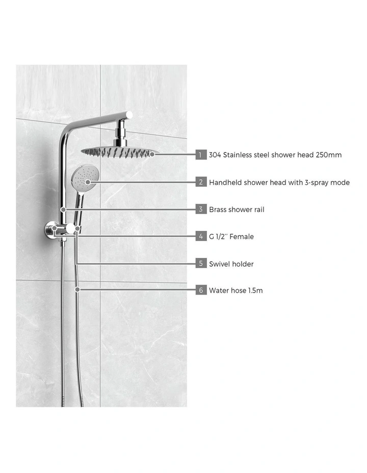 WELS 10 Rain Shower Head Set With Mixer Round 3-Mode Handheld Shower Chrome image 6