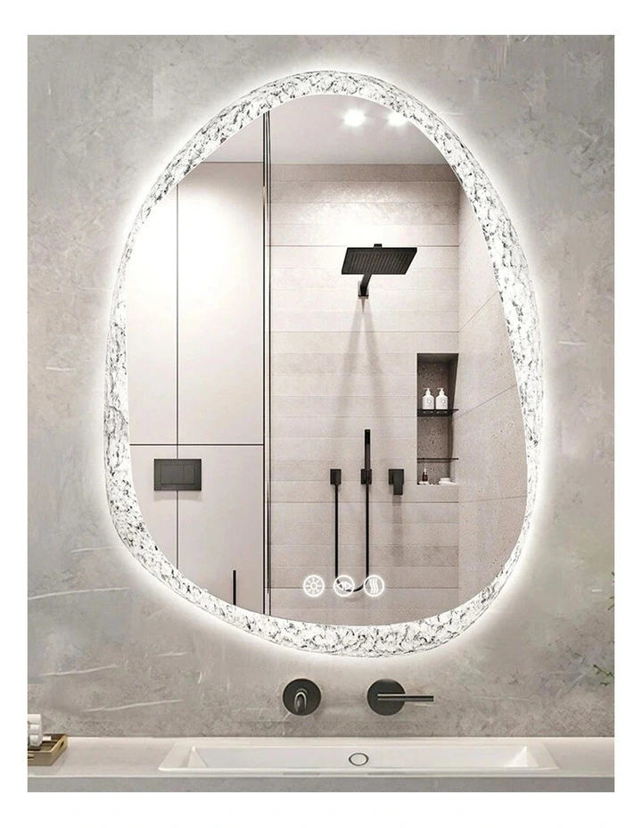 Silver Irregular LED Mirror Backlit Anti Fog Touch Modern Bathroom Style image 2