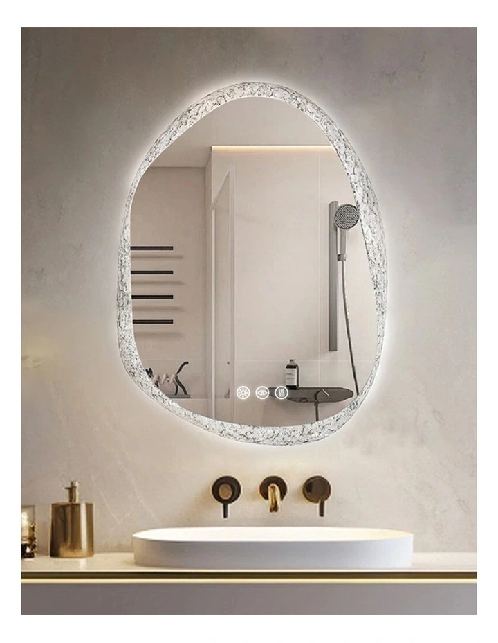 Silver Irregular LED Mirror Backlit Anti Fog Touch Modern Bathroom Style image 3