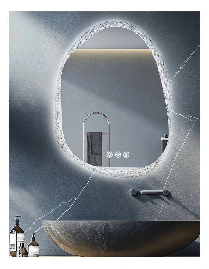 Silver Irregular LED Mirror Backlit Anti Fog Touch Modern Bathroom Style image 4