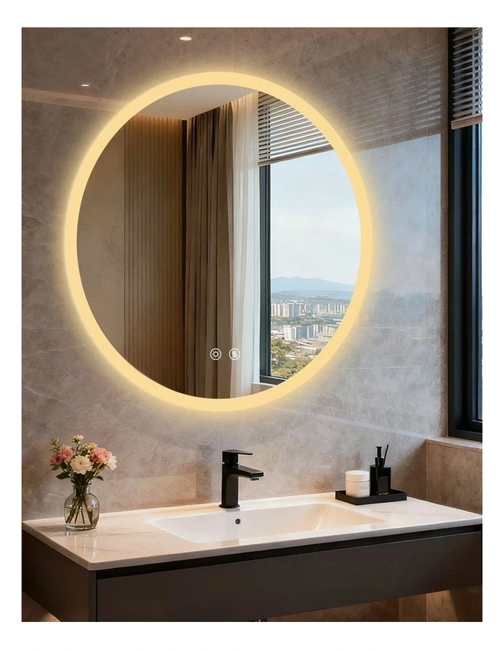 Silver Round Led Bathroom Mirror Anti Fog Dimmable Touch Backlit Design image 2