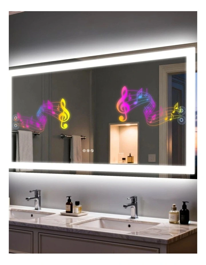 Silver Led Bathroom Mirror Bluetooth Dual Speakers Anti Fog Large Design image 2