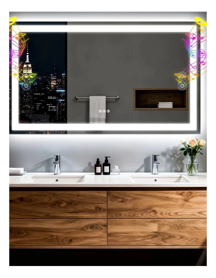 Silver Led Bathroom Mirror Bluetooth Dual Speakers Anti Fog Large Design image 3