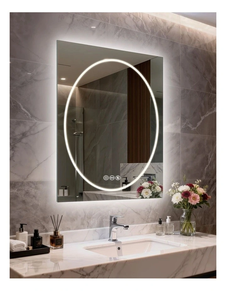 Silver White Led Bathroom Mirror Geometric Design Anti Fog Dimmable Lighted Glass image 2