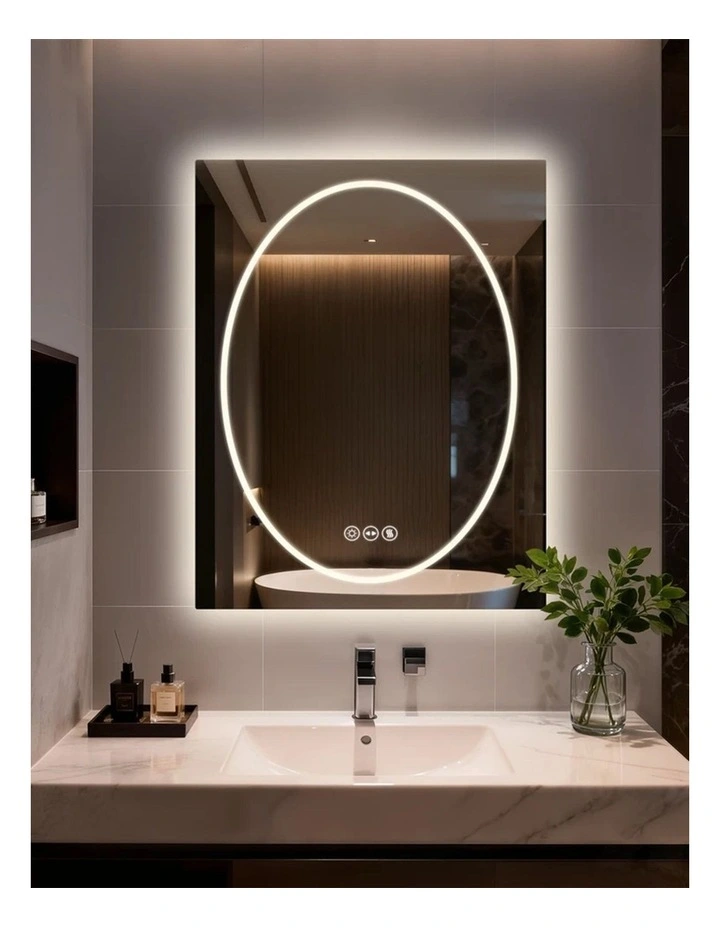 Silver White Led Bathroom Mirror Geometric Design Anti Fog Dimmable Lighted Glass image 3