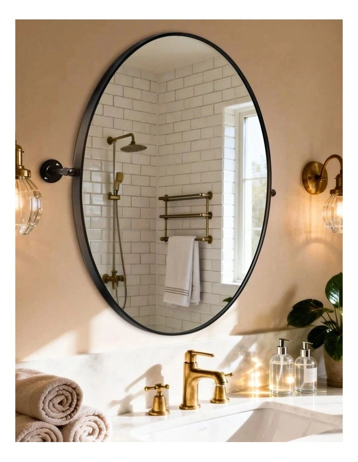 Black Oval Pivot Bathroom Mirror Adjustable Angle Wall Mounted Design image 2