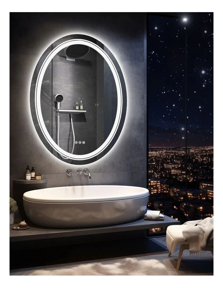 Silver Oval Led Bathroom Mirror Front Backlit Anti Fog Touch Control image 3