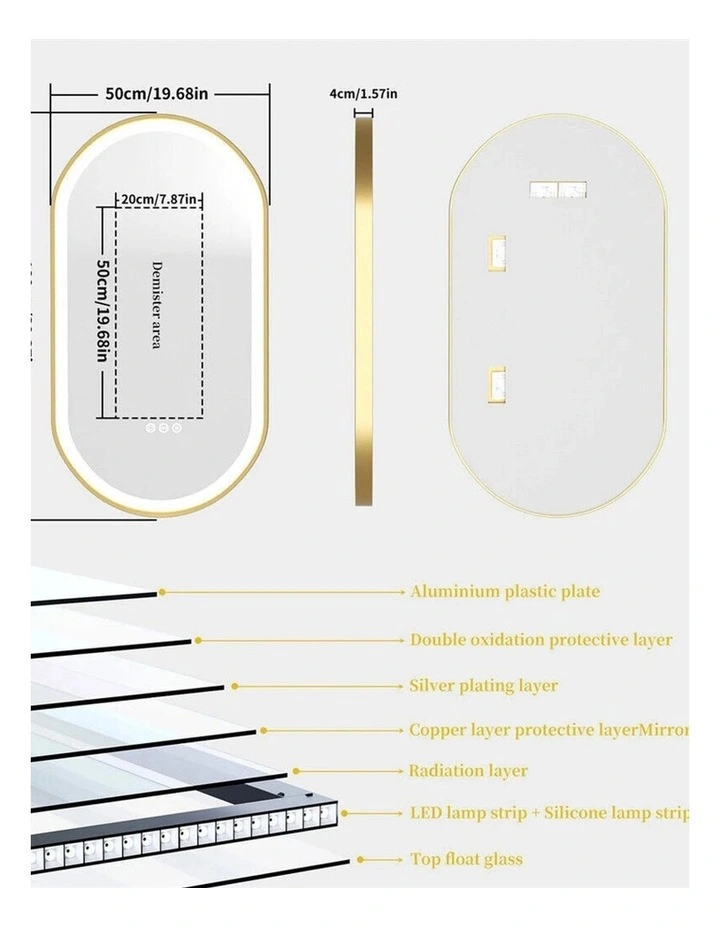 Gold Oval LED Mirror Anti Fog Dimmable Touch Modern Bathroom Vanity Style image 3