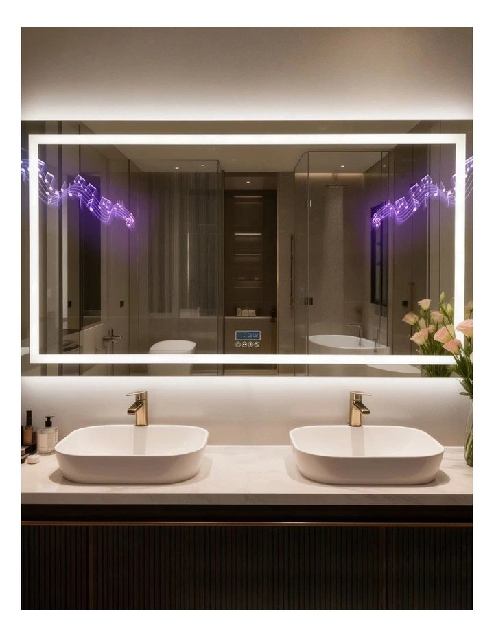 Silver Smart Led Mirror Bluetooth Audio Display Anti Fog Bathroom Unit image 2