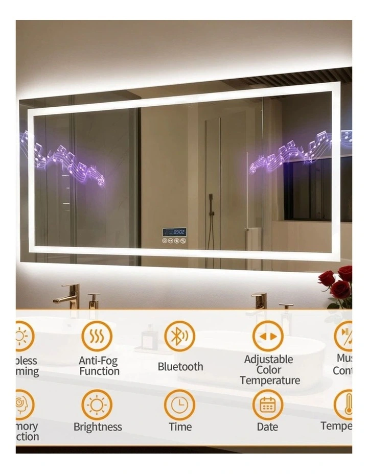 Silver Smart Led Mirror Bluetooth Audio Display Anti Fog Bathroom Unit image 4